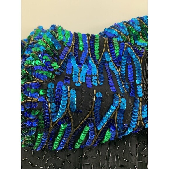 Stenay Silk Beaded Dress Sheath Short Sleeves Blue Black Peacock Feathers Size 6 - Picture 10 of 16